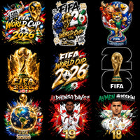 Load image into Gallery viewer, FIFA World Cup 2026 designs featuring trophies, flags, player art, and team graphics for DTG, DTF, embroidery
