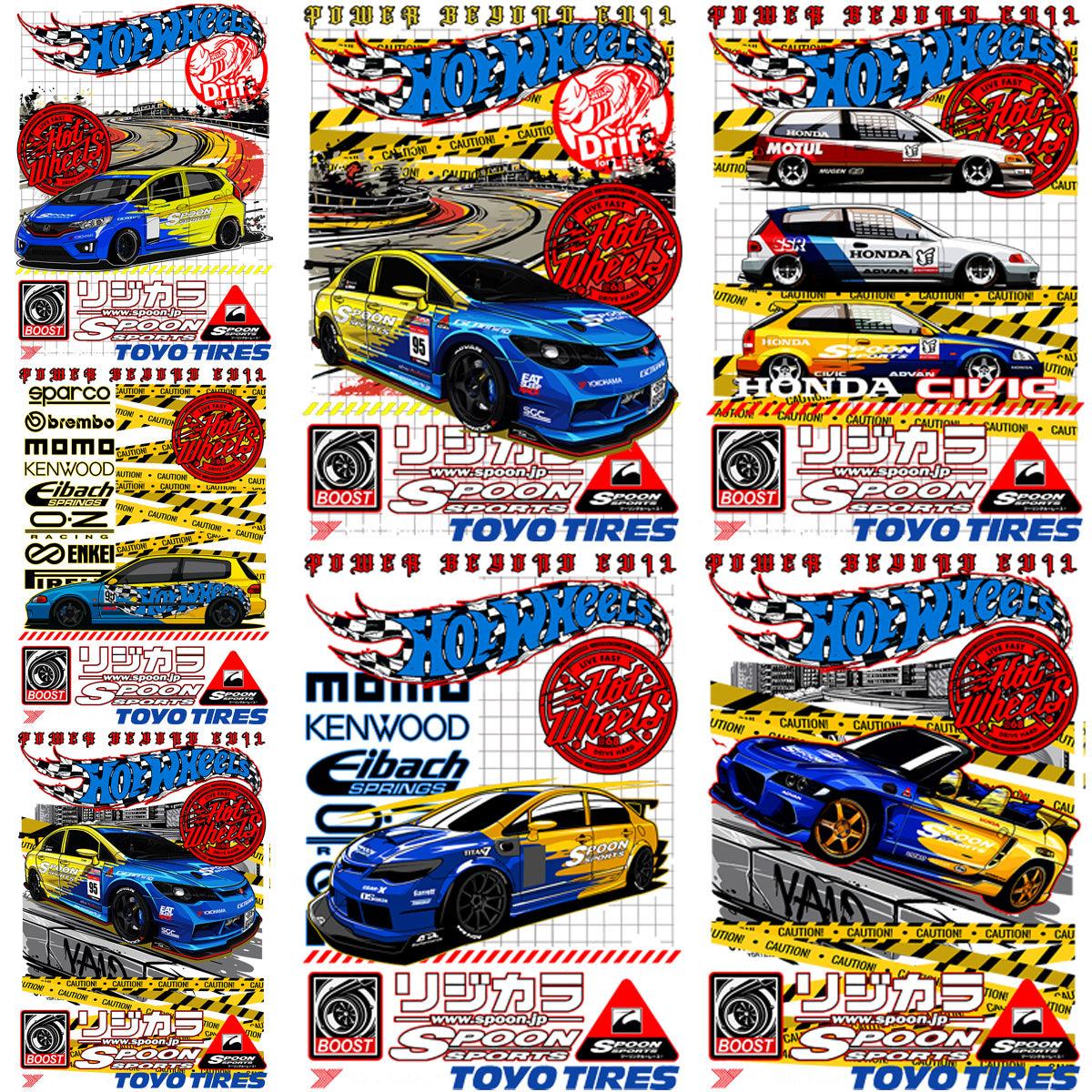 7 Hot Wheels Cars Spoon Sports Brand Streetwear Designs Bundle PNG + PSD