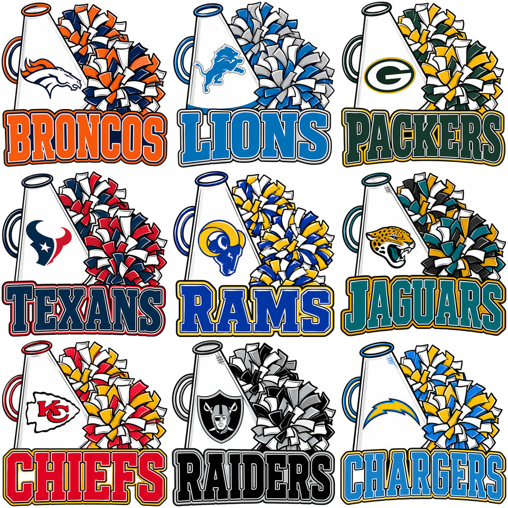 32 Football Teams Megaphone Pom-Poms Designs Bundle PNG
