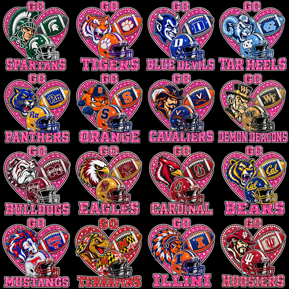 65 Go College Football NCAA Teams Pink October Heart Designs Bundle PNG