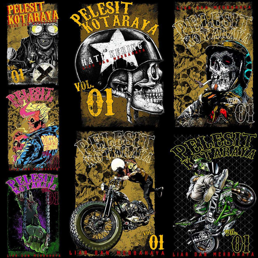 7 Pelesit Kotaraya Biker Designs Bundle PNG + PSD