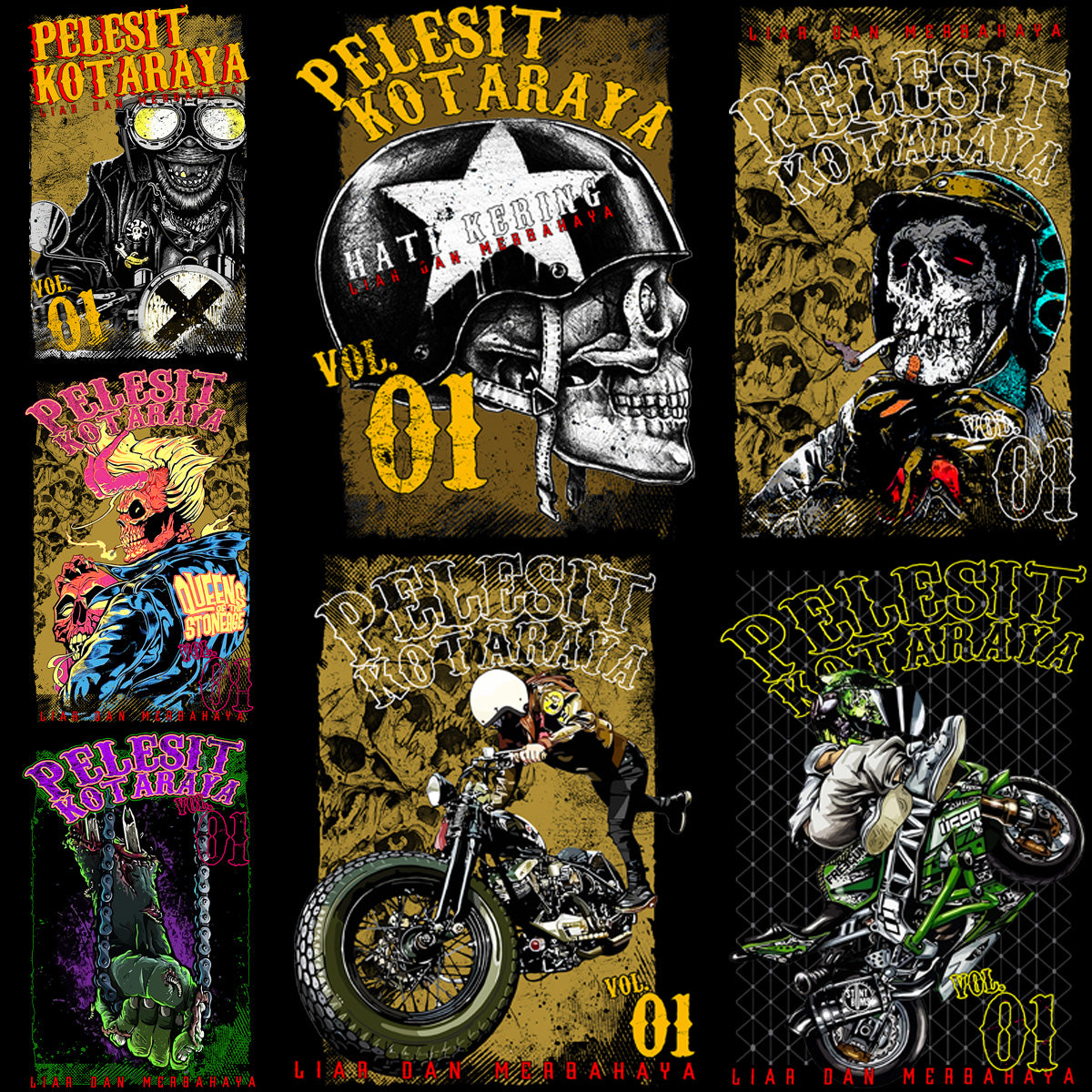 7 Pelesit Kotaraya Biker Designs Bundle PNG + PSD