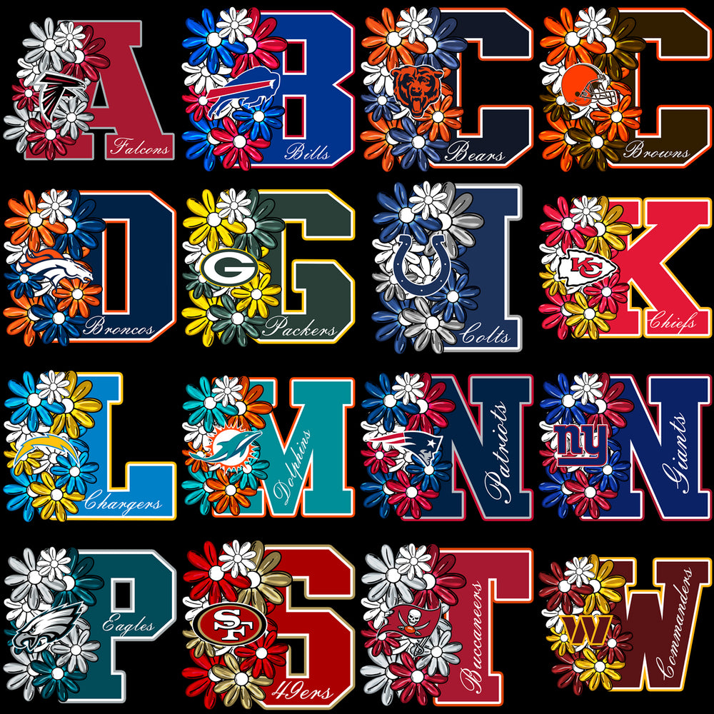NFL team logos styled with floral designs for DTF/DTG and embroidery projects