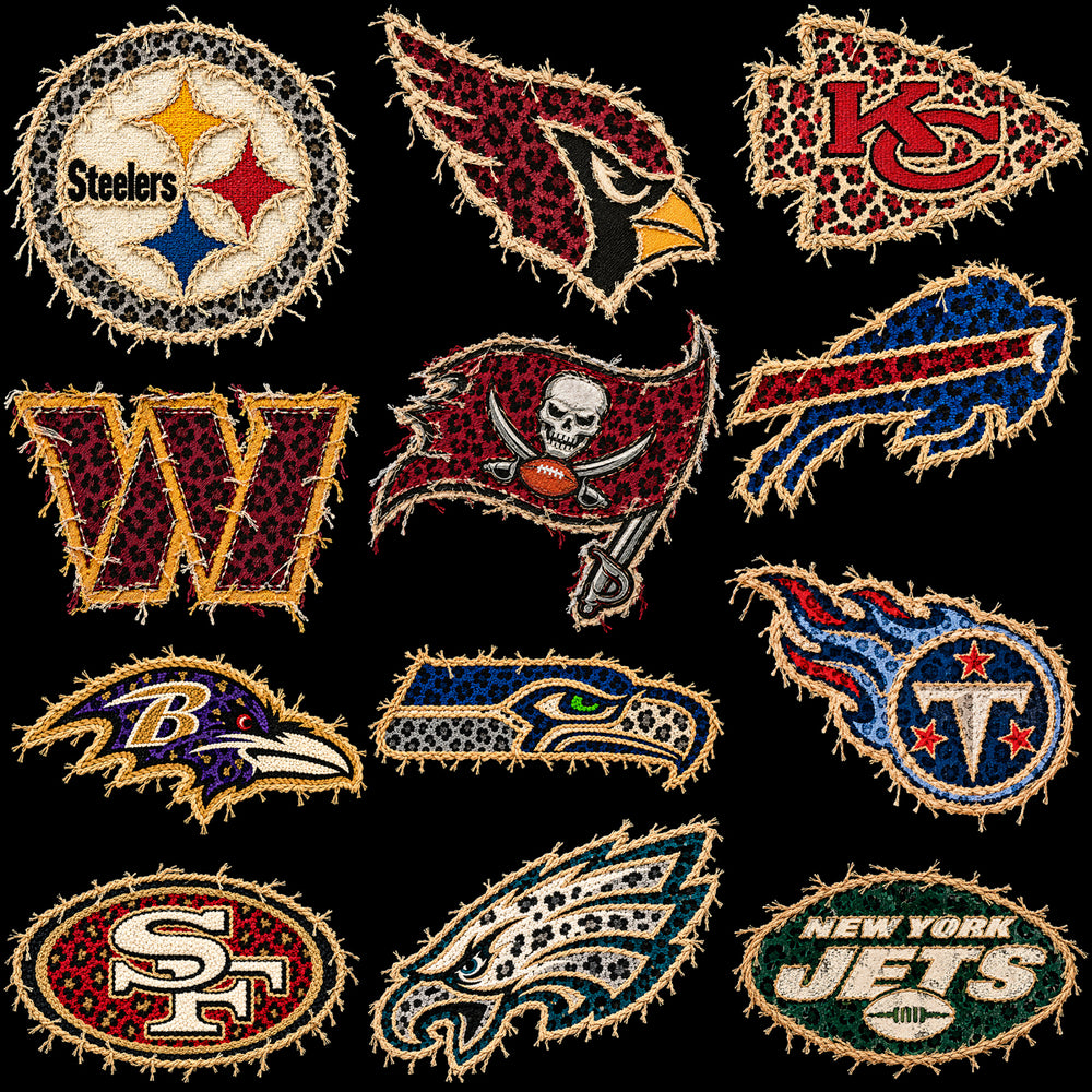 32 Football Teams Logos Frayed Leopard Yarn Designs Bundle PNG