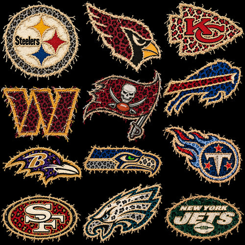 32 Football Teams Logos Frayed Leopard Yarn Designs Bundle PNG