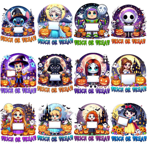 12 Halloween Trick and Treat Cartoon Add Name Designs Bundle PNG + Font