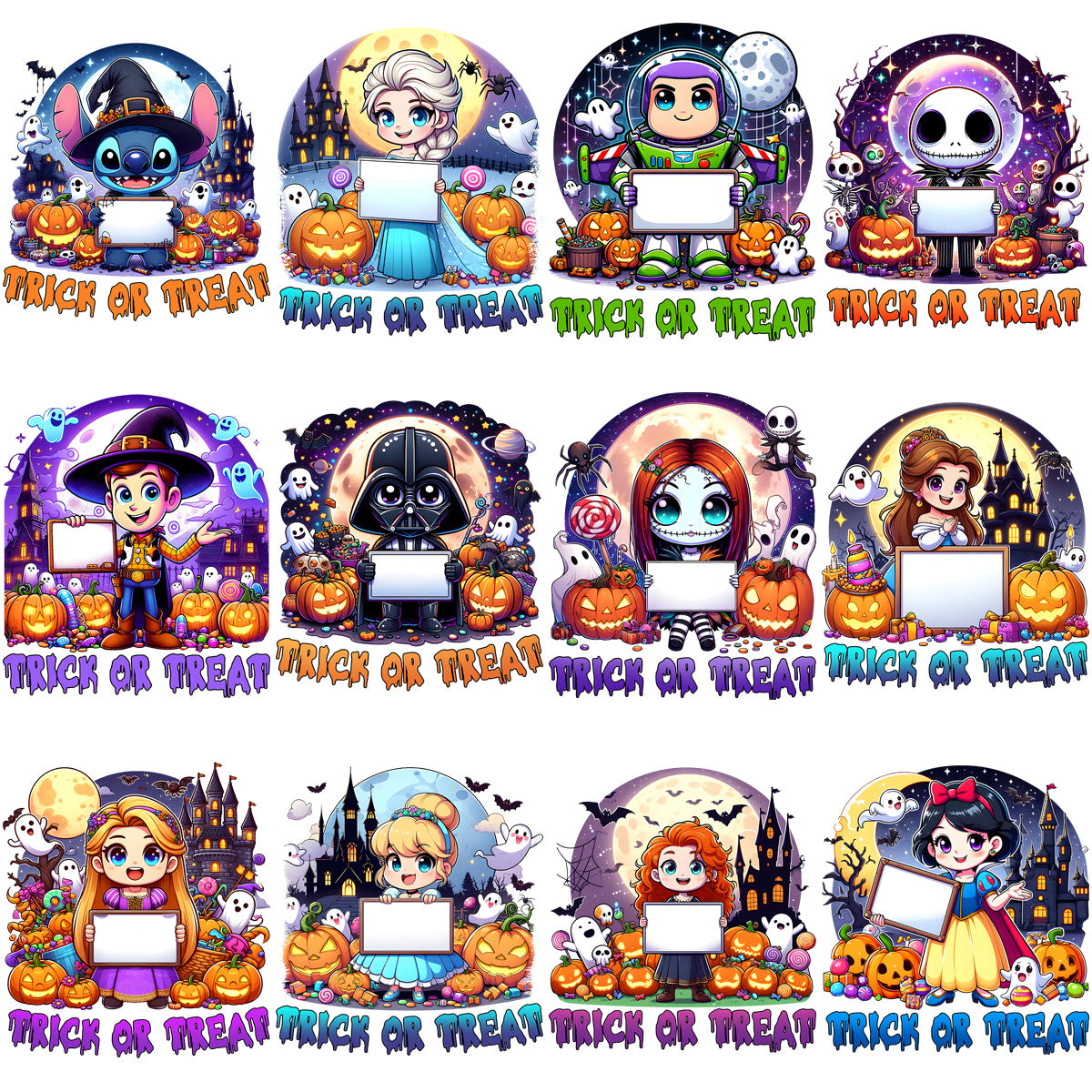 12 Halloween Trick and Treat Cartoon Add Name Designs Bundle PNG + Font