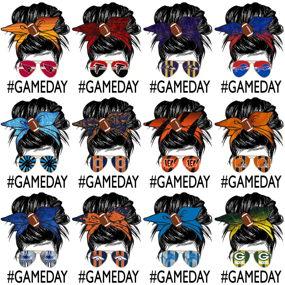 32 Football Teams Messy Bun GAME DAY Girl Designs Bundle PNG