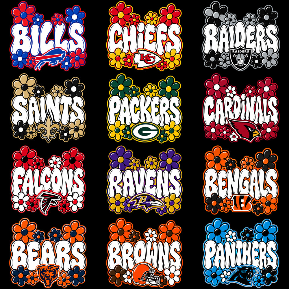 32 Football Teams Groovy Retro Flowers Designs Bundle PNG