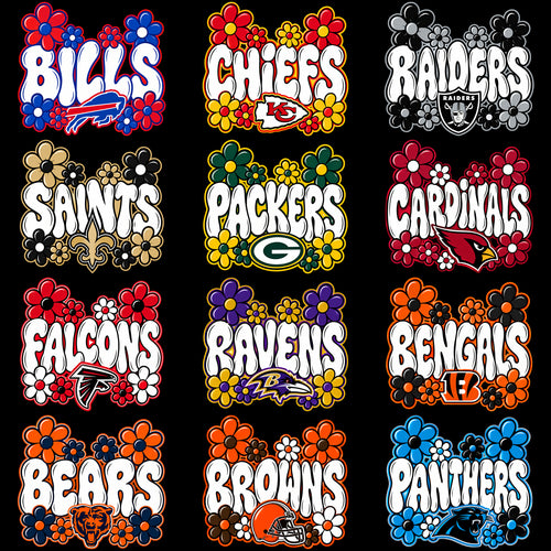 32 Football Teams Groovy Retro Flowers Designs Bundle PNG