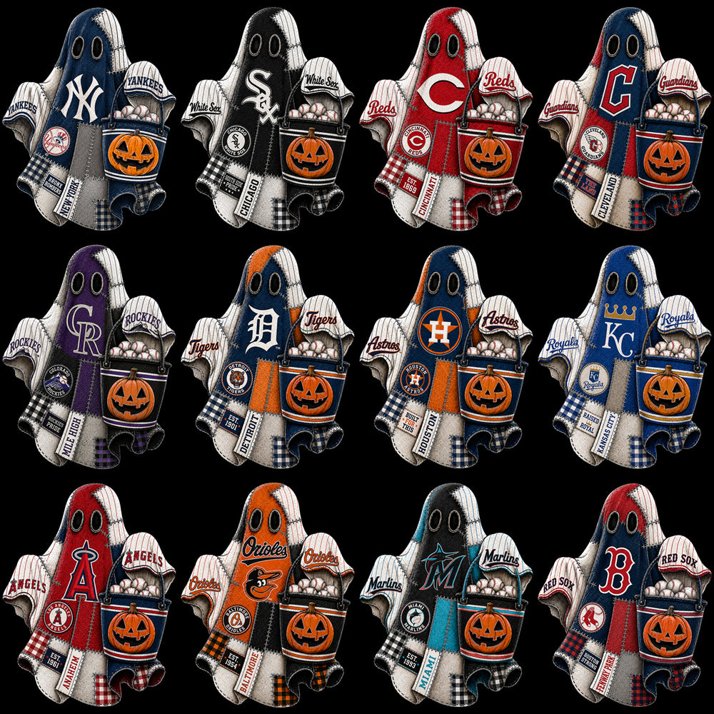 Halloween ghost designs with MLB team logos, baseballs, and pumpkin buckets for DTF/DTG printing