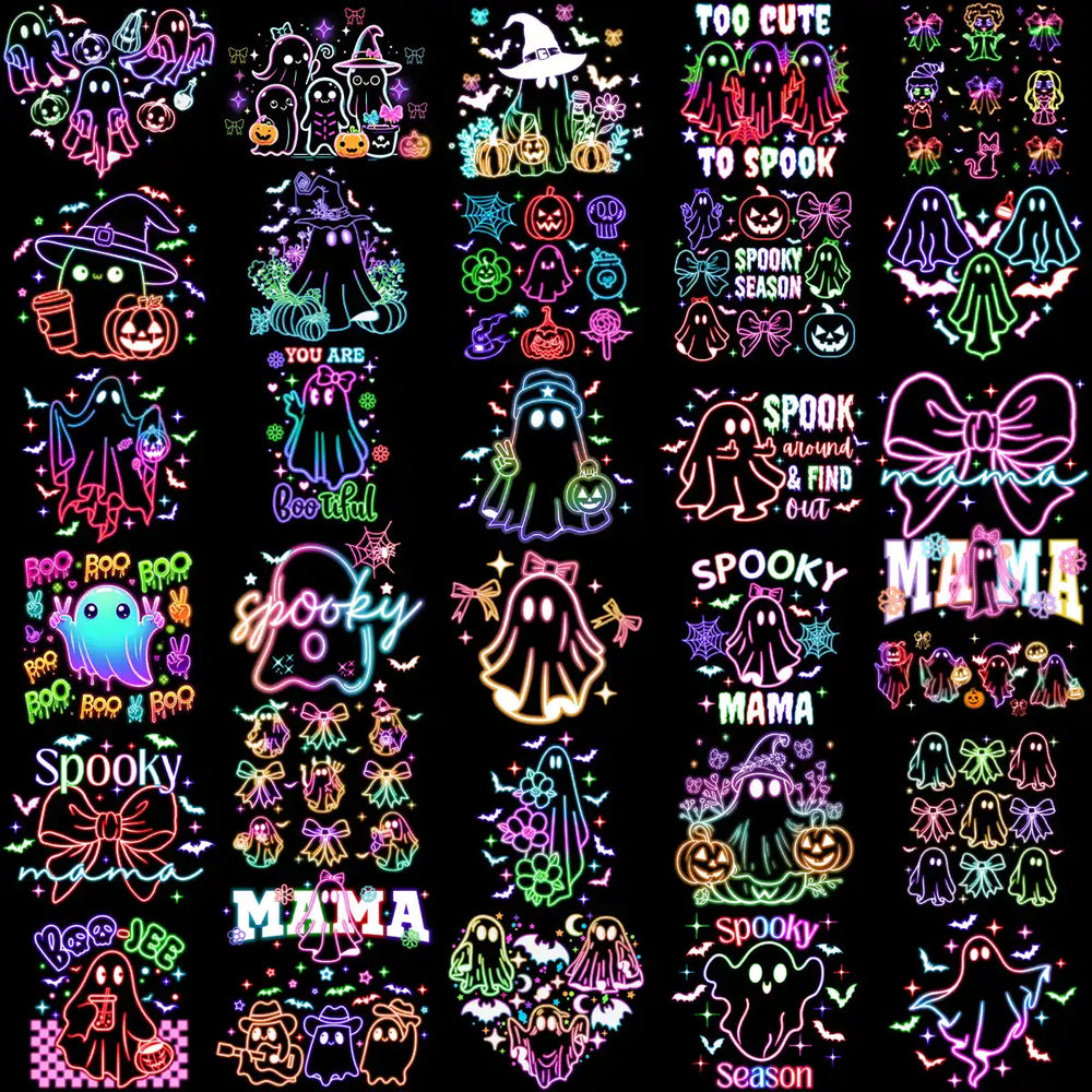 90 Neon Ghost Boo Horror Halloween Designs Bundle PNG