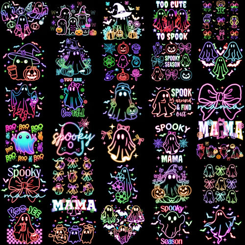 90 Neon Ghost Boo Horror Halloween Designs Bundle PNG
