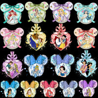 Load image into Gallery viewer, Disney princess designs in Mickey ear frames with bows, perfect for DTF, DTG, and embroidery projects.
