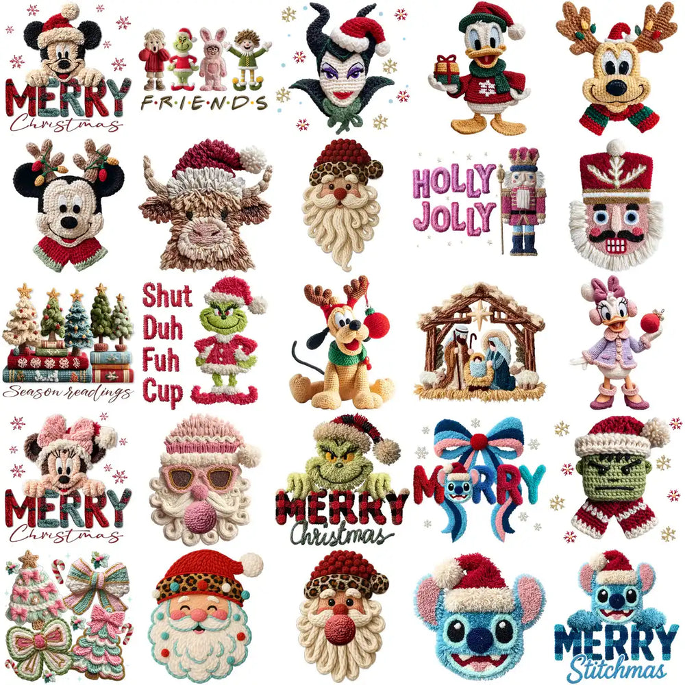110 Cartoons CHRISTMAS Yarn Style Designs Bundle PNG