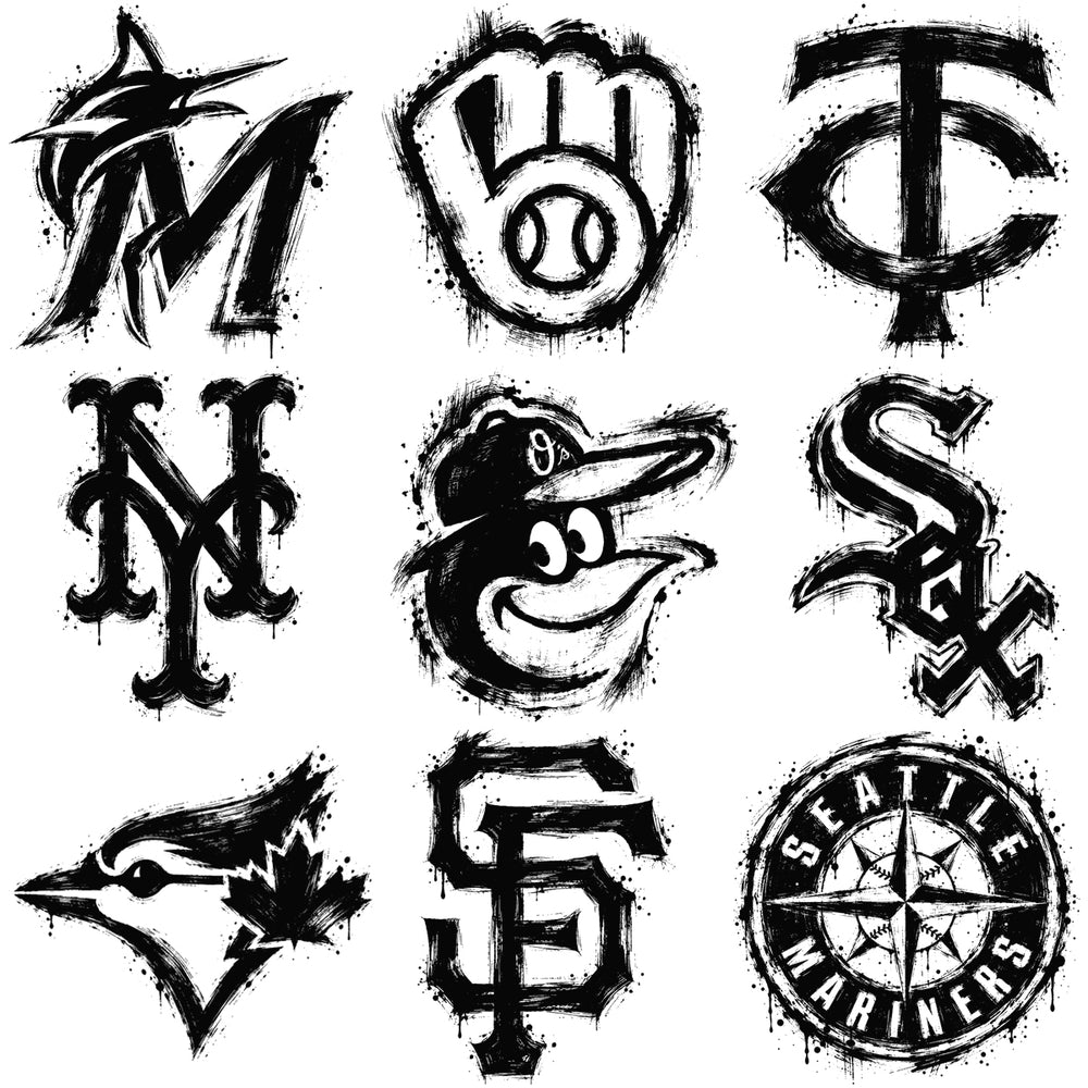 30 Ink Brush Splatter Paint Baseball Teams Logos Designs Bundle PNG