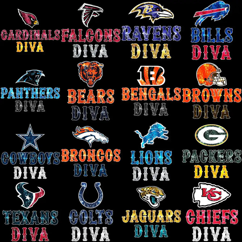 32 Football Diva Logo Teams Glitter Style Designs Bundle PNG