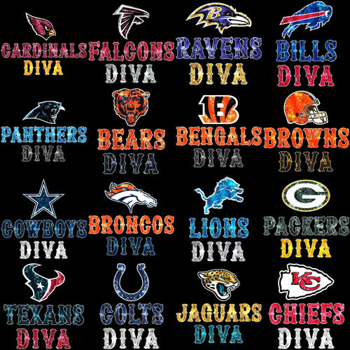 32 Football Diva Logo Teams Glitter Style Designs Bundle PNG