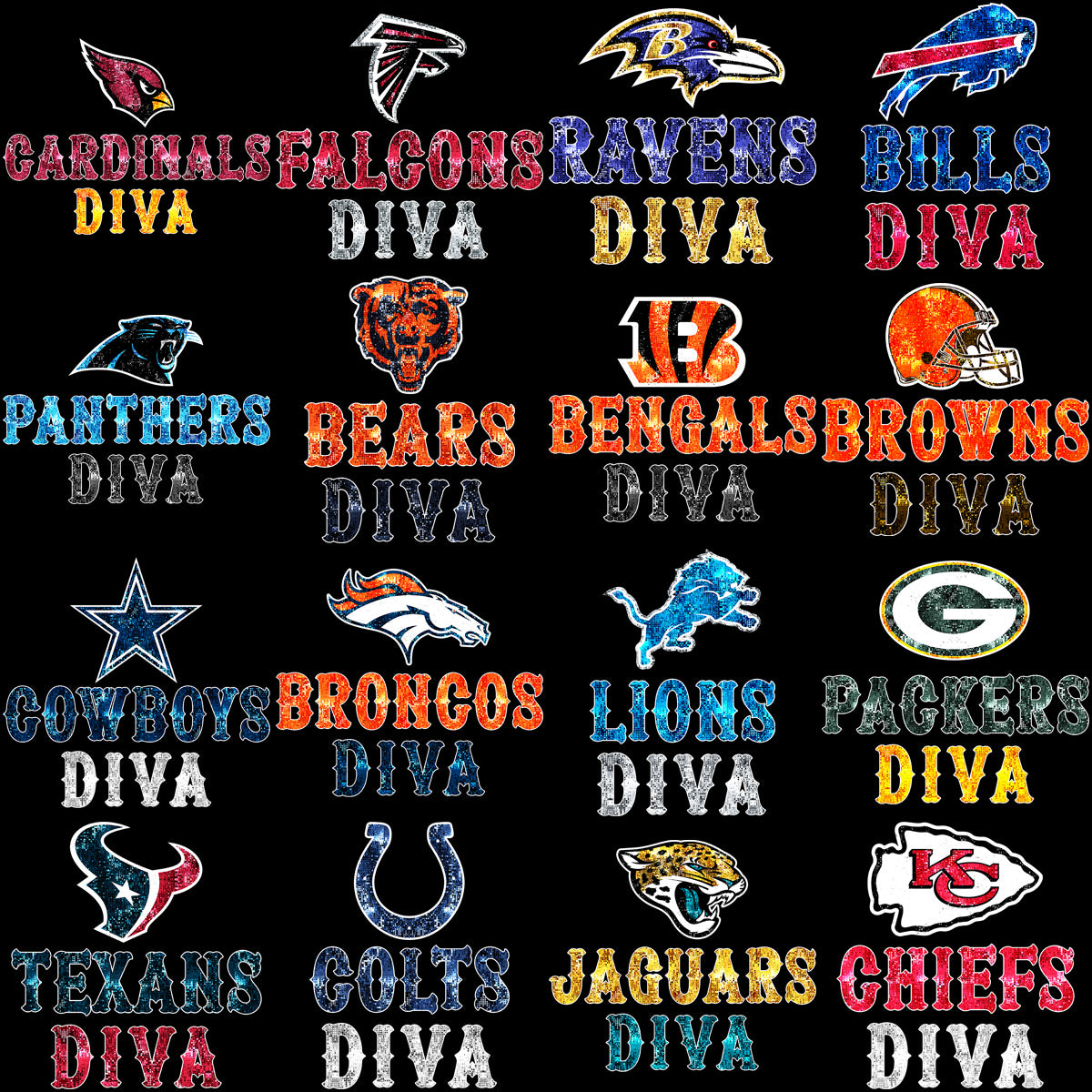 32 Football Diva Logo Teams Glitter Style Designs Bundle PNG