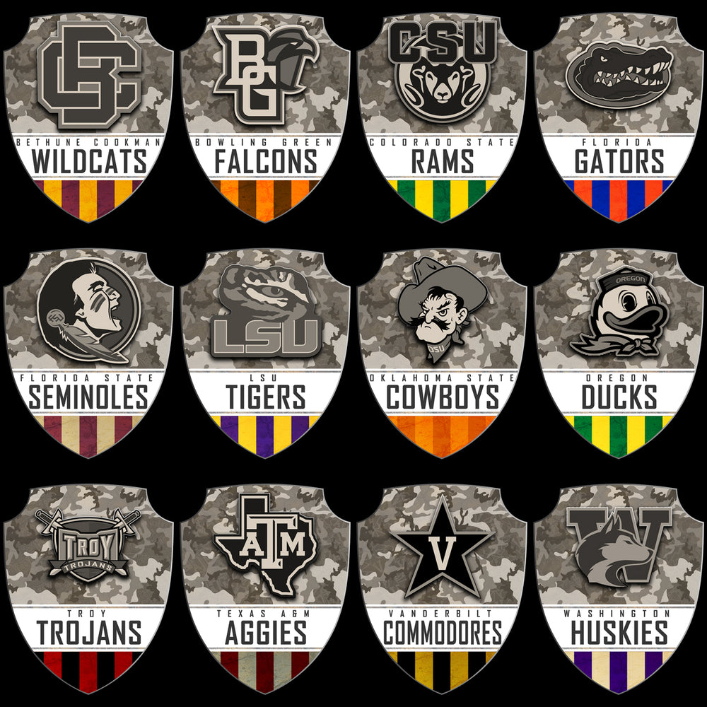128 College NCAA School Military Camo Shield Logos PNG Designs Bundle