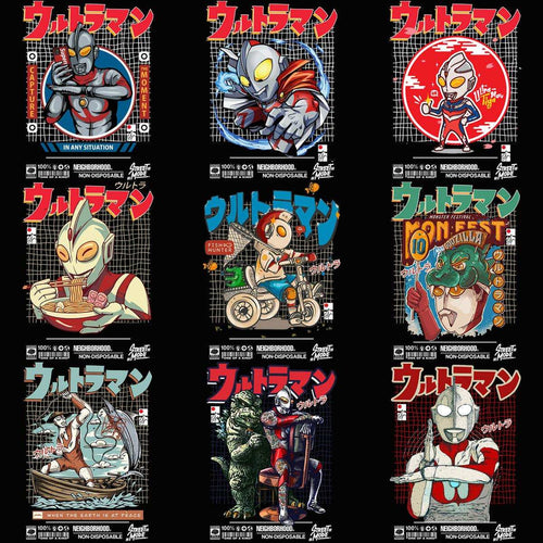 9 Super Heroes Streetwear Ultraman Designs Bundle PNG + PSD