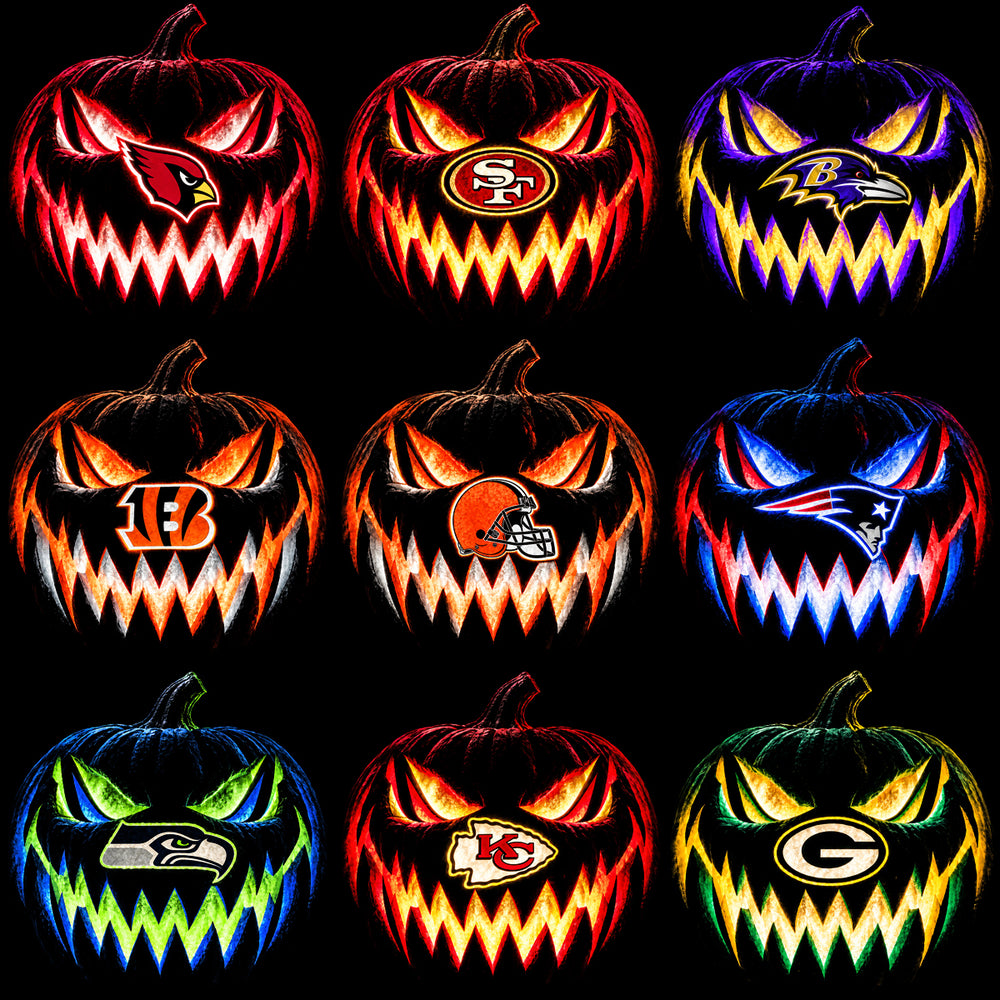32 Football Teams Glowing Pumpkin Logos Black Knockout Designs Bundle PNG