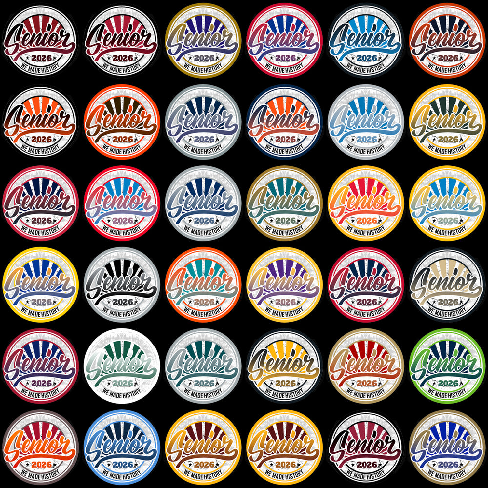 Senior 2026 class designs with vibrant colors and retro sunburst patterns for DTF, DTG, and embroidery.