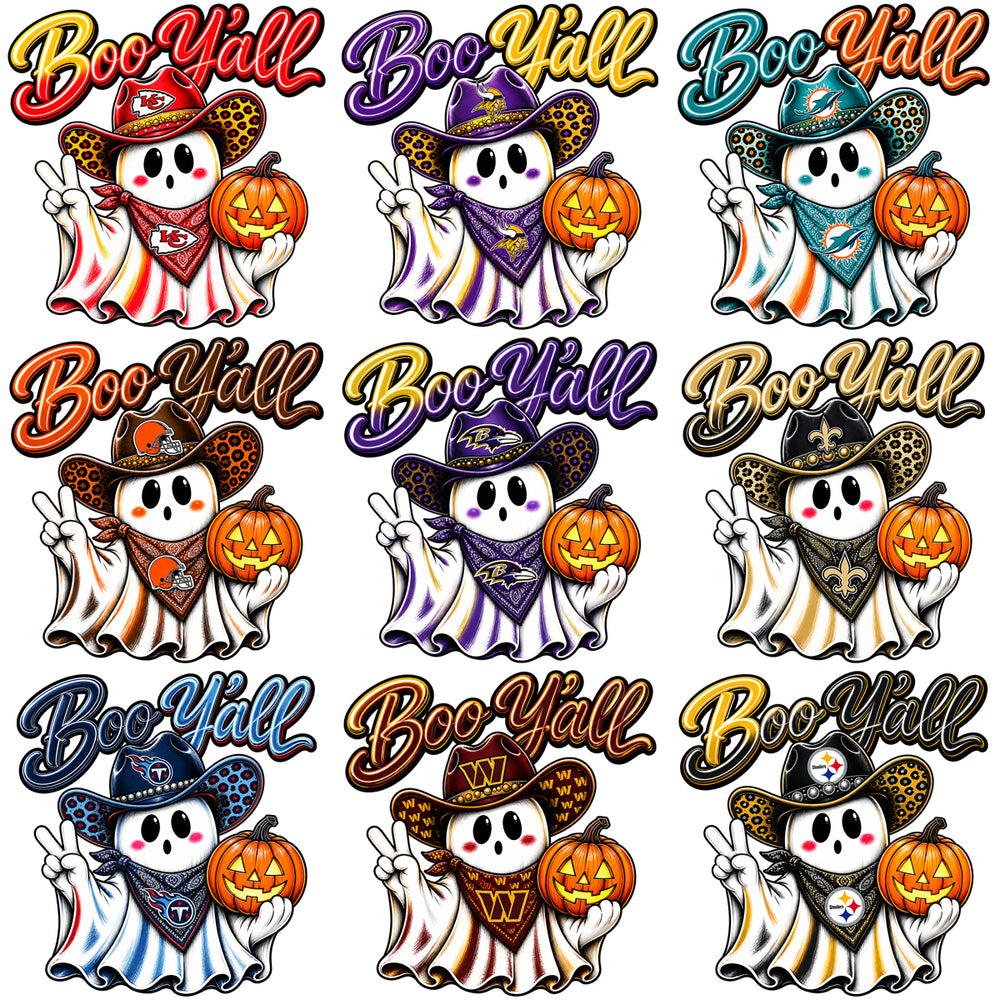 32 Ghost Boo Y'all Football Teams Halloween Designs Bundle PNG