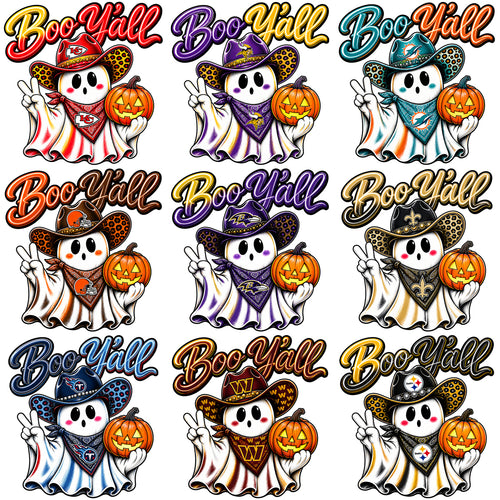 32 Ghost Boo Y'all Football Teams Halloween Designs Bundle PNG