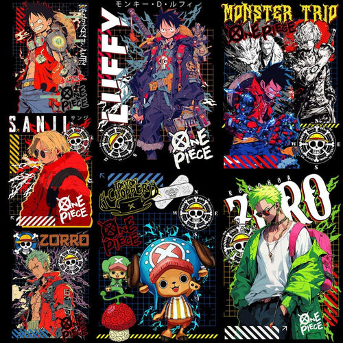 Paquete de 7 diseños de ropa urbana de anime One Piece PNG + PSD