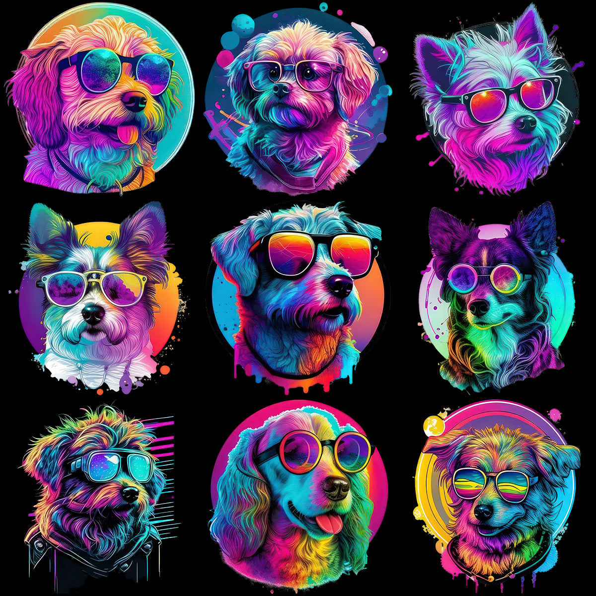 25 Neon Dogs Animals Designs Bundle PNG