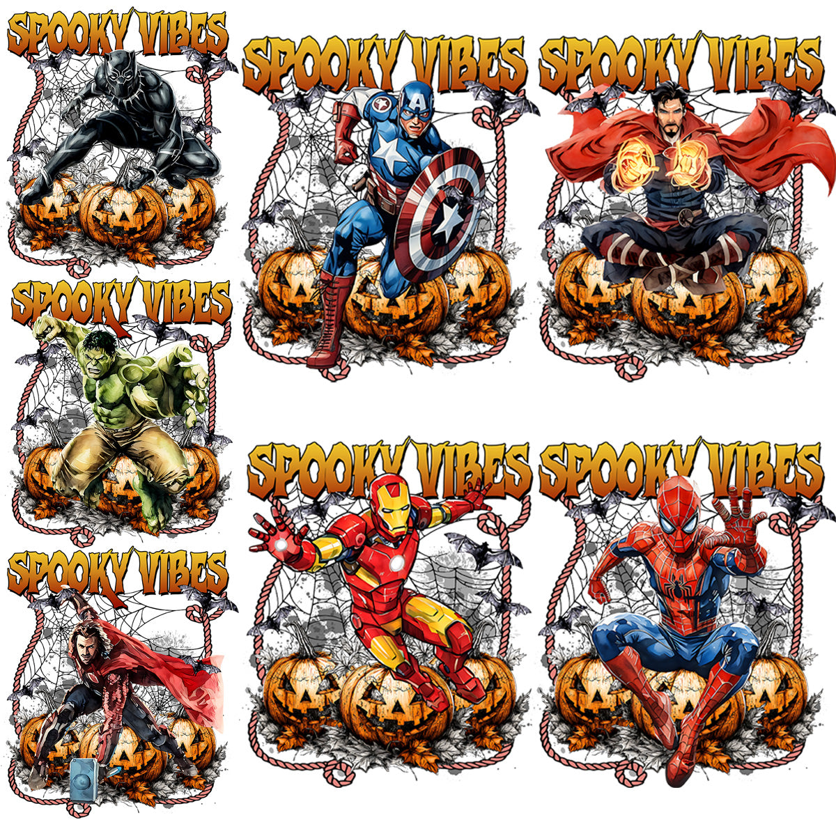 7 Horror Halloween Spooky Vibes Super Heroes Designs Bundle PNG