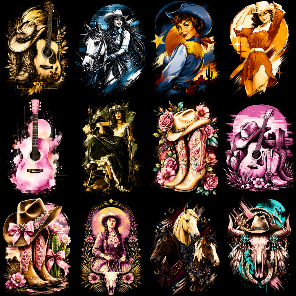 66 Cowgirl Rodeo Western Coastal Halftone Designs Bundle PNG