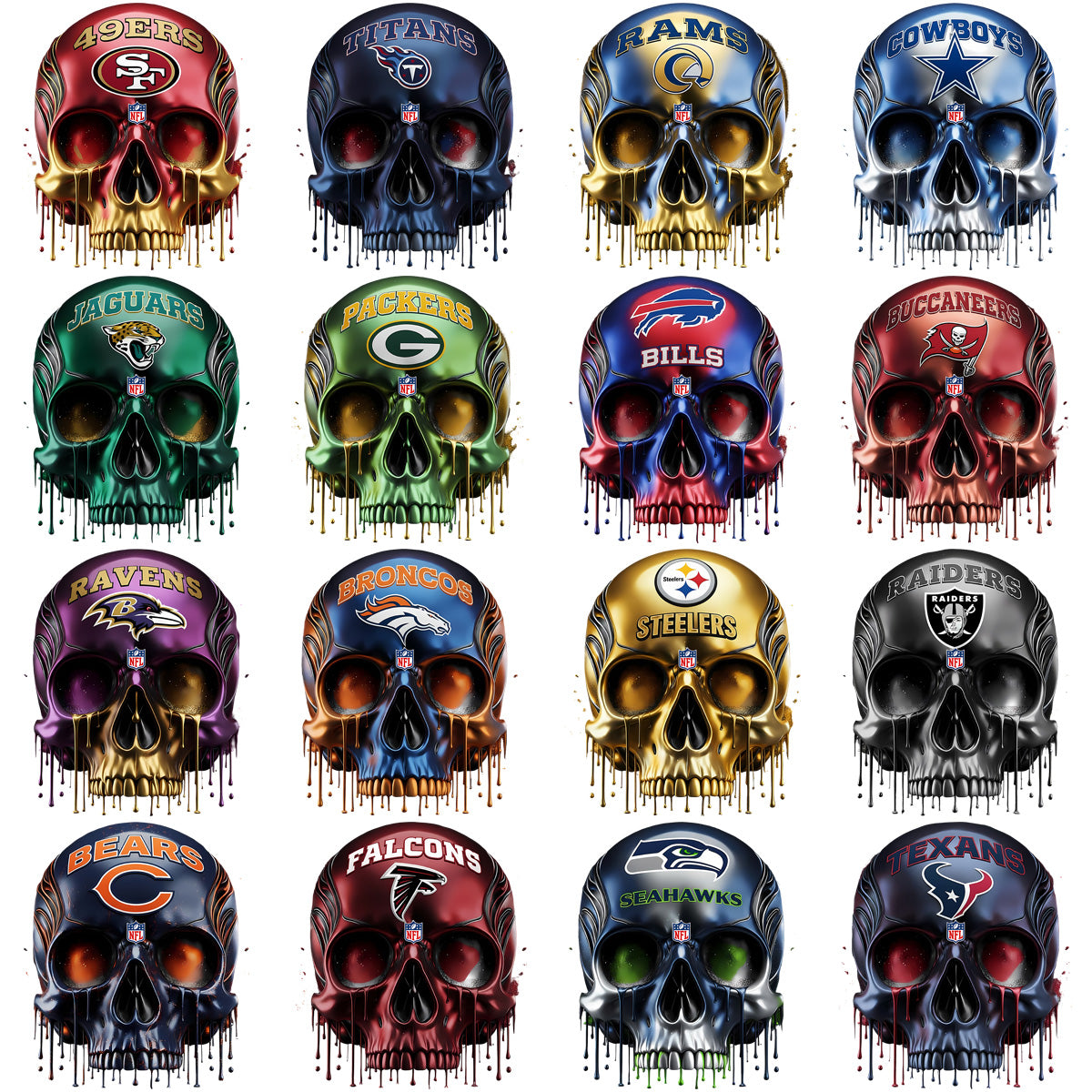 32 Football Dripping Skull Teams Designs Bundle PNG