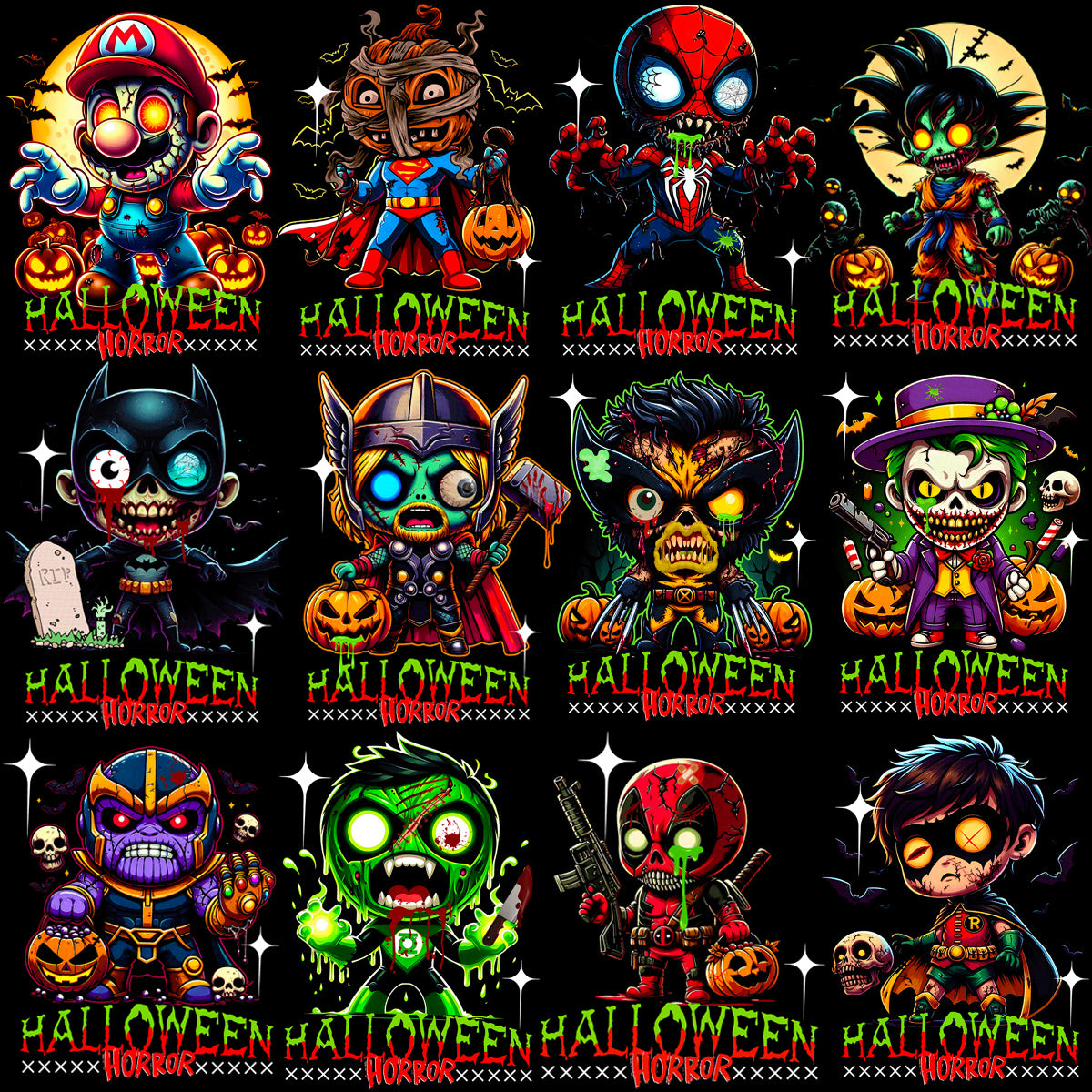 20 Horror Pop Culture Zombies Halftone Designs Bundle PNG