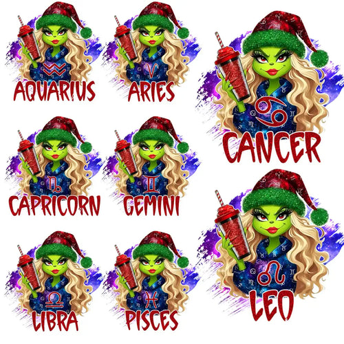 Paquete de 12 diseños de vasos de Navidad festivos de Grinch Girl con el zodiaco en PNG