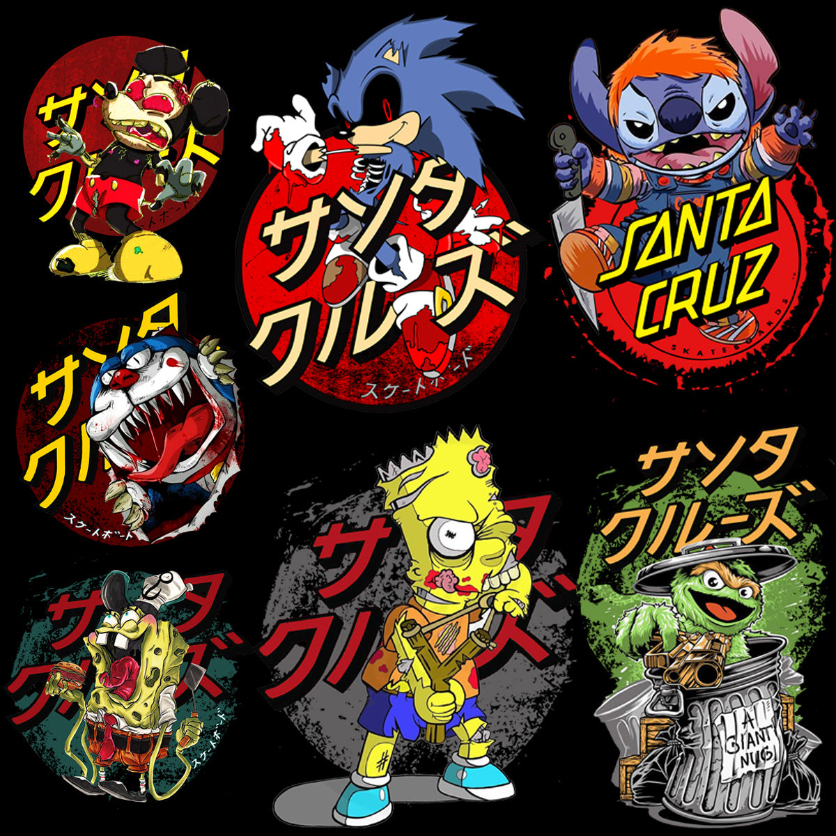 7 Horror Cartoons Streetwear Designs Bundle PNG + PSD