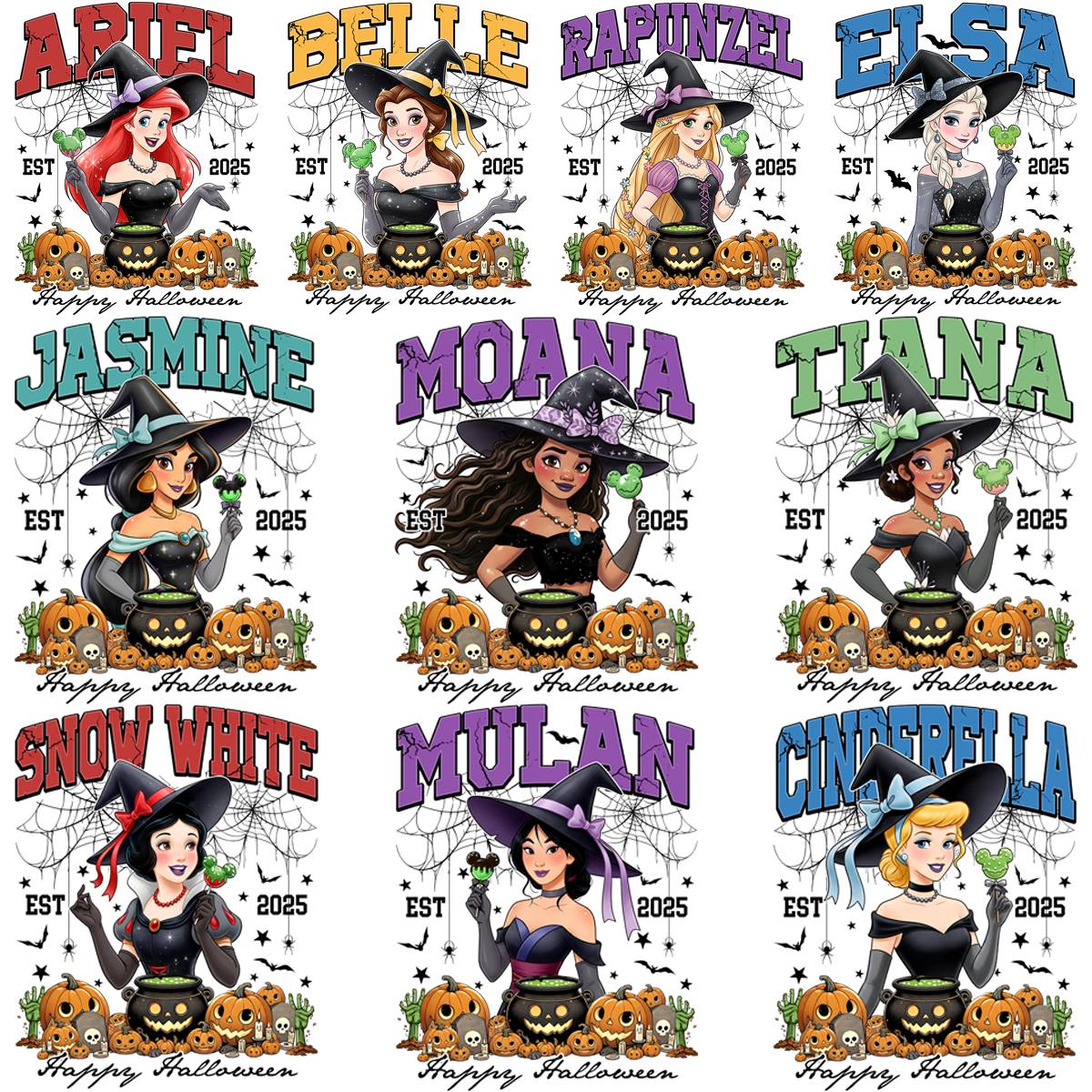10 Happy Halloween 2025 Princess Witches Designs Bundle PNG
