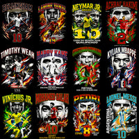 Load image into Gallery viewer, World Cup 2026 soccer player designs with fiery graphics, team names, and numbers for print-ready t-shirts.
