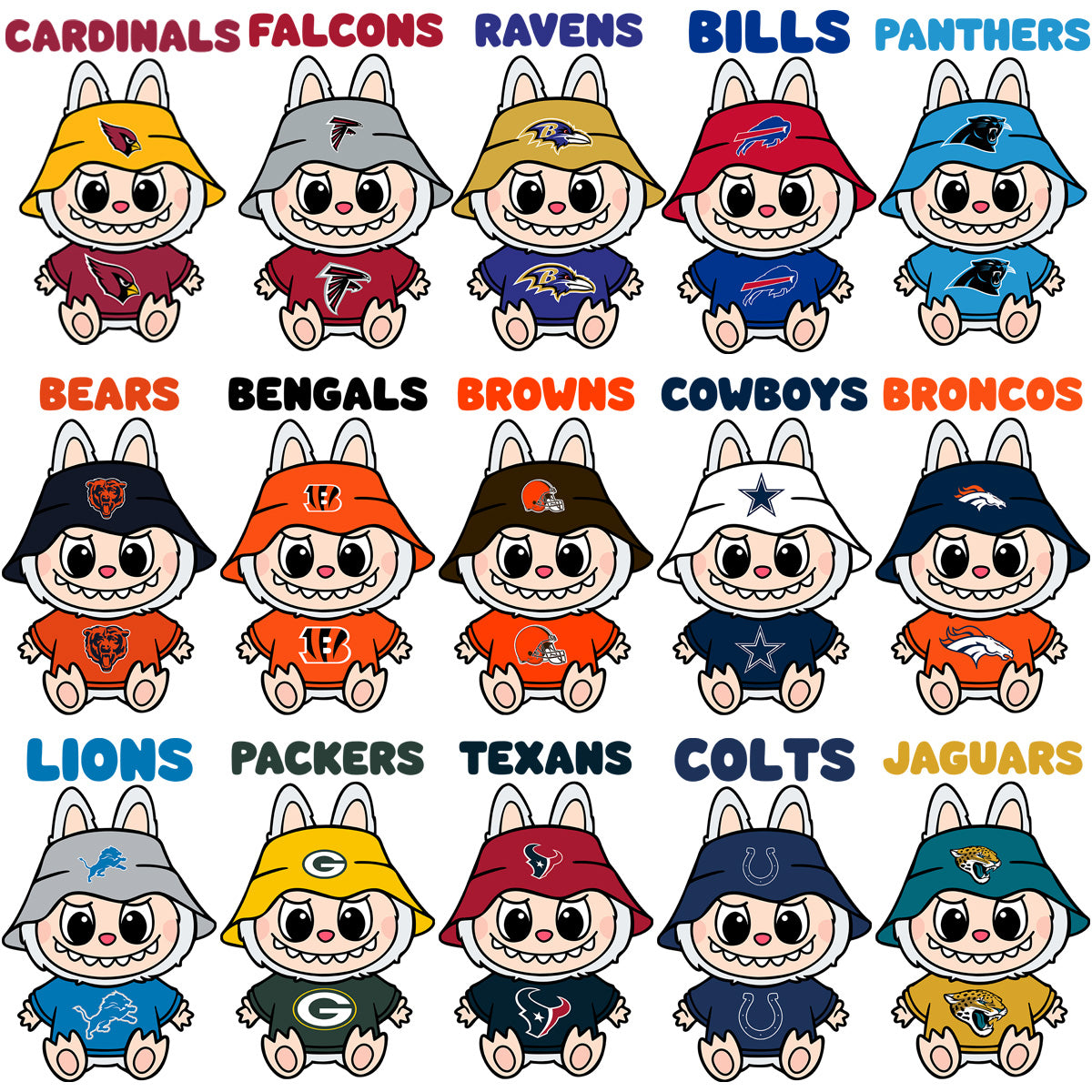 32 Labubu Cartoon Football Teams Designs Bundle PNG
