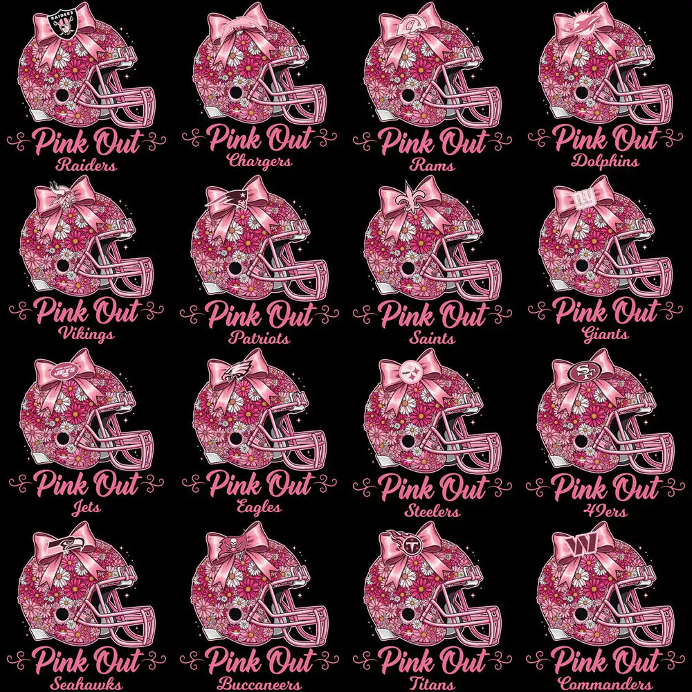 32 Pink Out Floral October Cancer Awareness Football Helmet Teams Designs Bundle PNG