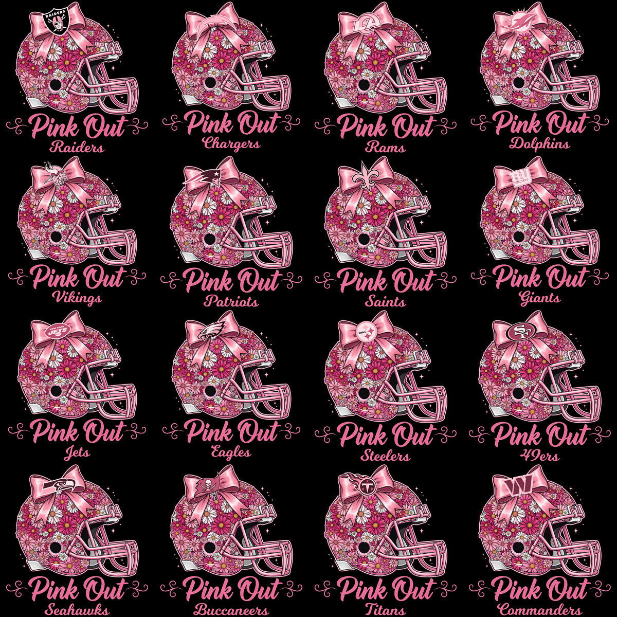 32 Pink Out Floral October Cancer Awareness Football Helmet Teams Designs Bundle PNG