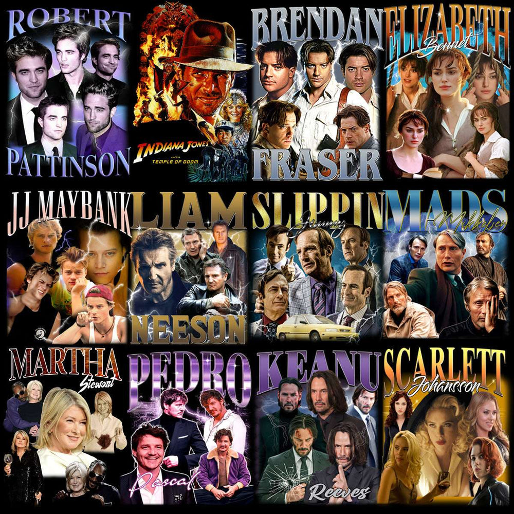 Celebrity collage featuring Robert Pattinson, Indiana Jones, Brendan Fraser, Elizabeth Bennet, JJ Maybank, Liam Neeson, Slippin' Mads, Martha Stewart, Pedro Pascal, Keanu Reeves, Scarlett Johansson — ideal for DTF/DTG & embroidery designs.
