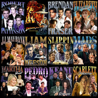 Load image into Gallery viewer, Celebrity collage featuring Robert Pattinson, Indiana Jones, Brendan Fraser, Elizabeth Bennet, JJ Maybank, Liam Neeson, Slippin' Mads, Martha Stewart, Pedro Pascal, Keanu Reeves, Scarlett Johansson — ideal for DTF/DTG &amp; embroidery designs.
