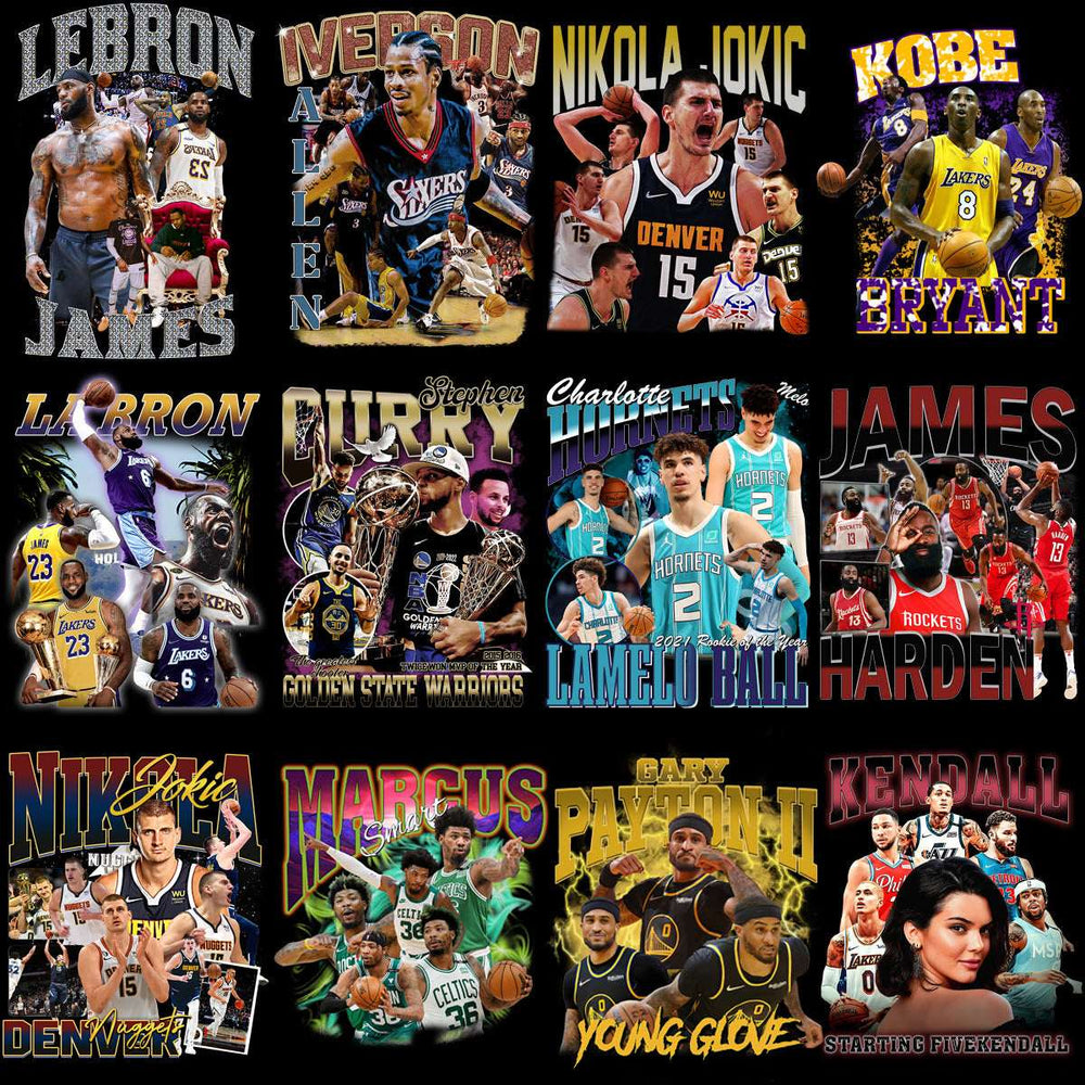 Basketball player collage with NBA stars like LeBron, Curry, and Kobe for DTF/DTG designs