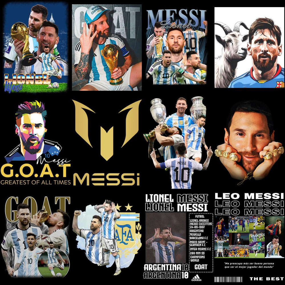 Lionel Messi GOAT soccer designs with trophies, jerseys, and Argentina themes for print-ready merch.