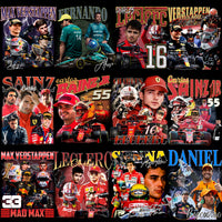 Load image into Gallery viewer, F1 driver collage featuring Verstappen, Leclerc, Sainz, Alonso, and Ricciardo with race cars and helmets
