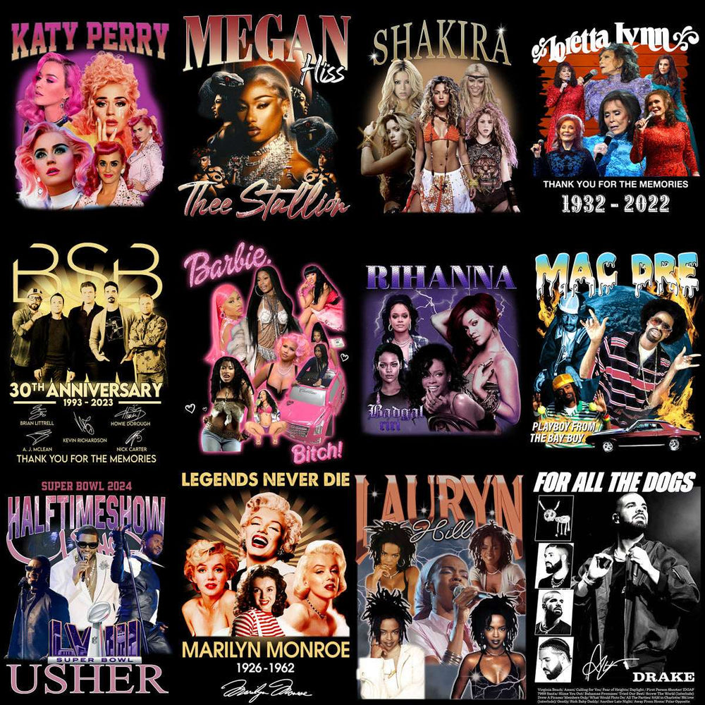Celebrity tribute designs for t-shirts featuring Katy Perry, Megan Thee Stallion, Shakira, and more icons