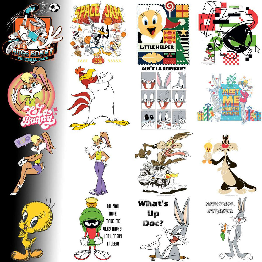 Looney Tunes characters in print-ready designs for t-shirts and embroidery, featuring Bugs Bunny, Tweety, and more.