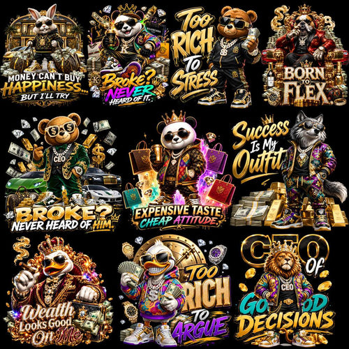 Luxury animal designs with bold phrases, gold accents, and wealth themes for DTF/DTG printing